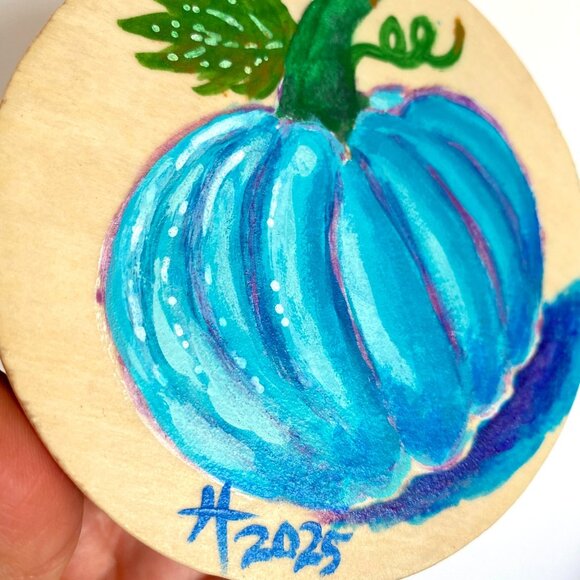 Blue Pumpkin Original Acrylic Painting on Wood Round 4in Desk or Wall Art - Picture 2 of 6